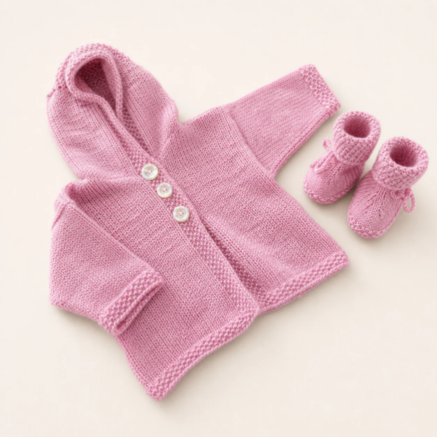 Rosa Jogjoohoi Babyset mit Kapuzenjacke und gestrickten Babyschuhen