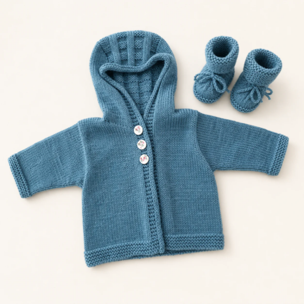 Petrolfarbenes Mogjoohoi Babyset mit Kapuzenjacke und gestrickten Babyschuhen